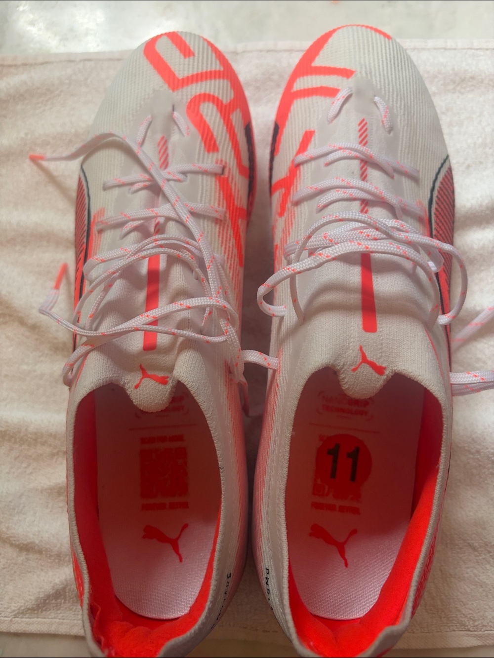 Puma White & Neon Coral Athletic Soccer Cleats